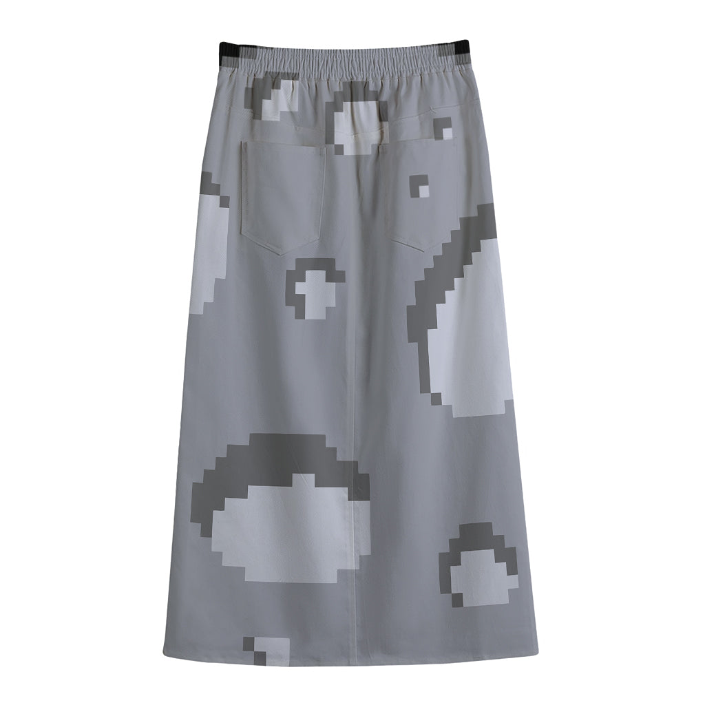 8-Bit Pixel Moon Print Cotton Front Slit Maxi Skirt