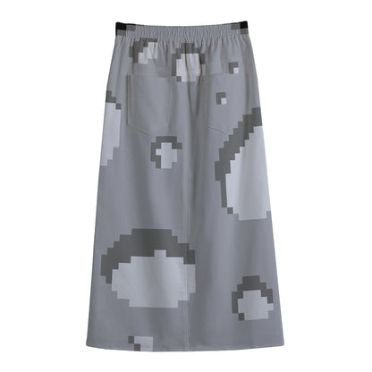8-Bit Pixel Moon Print Cotton Front Slit Maxi Skirt
