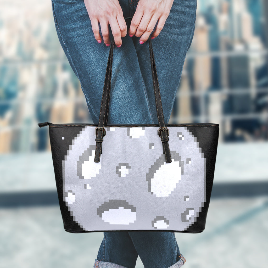 8-Bit Pixel Moon Print Leather Tote Bag