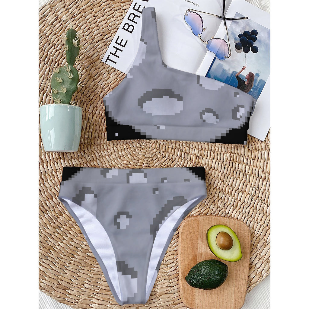 8-Bit Pixel Moon Print One Shoulder Bikini Top