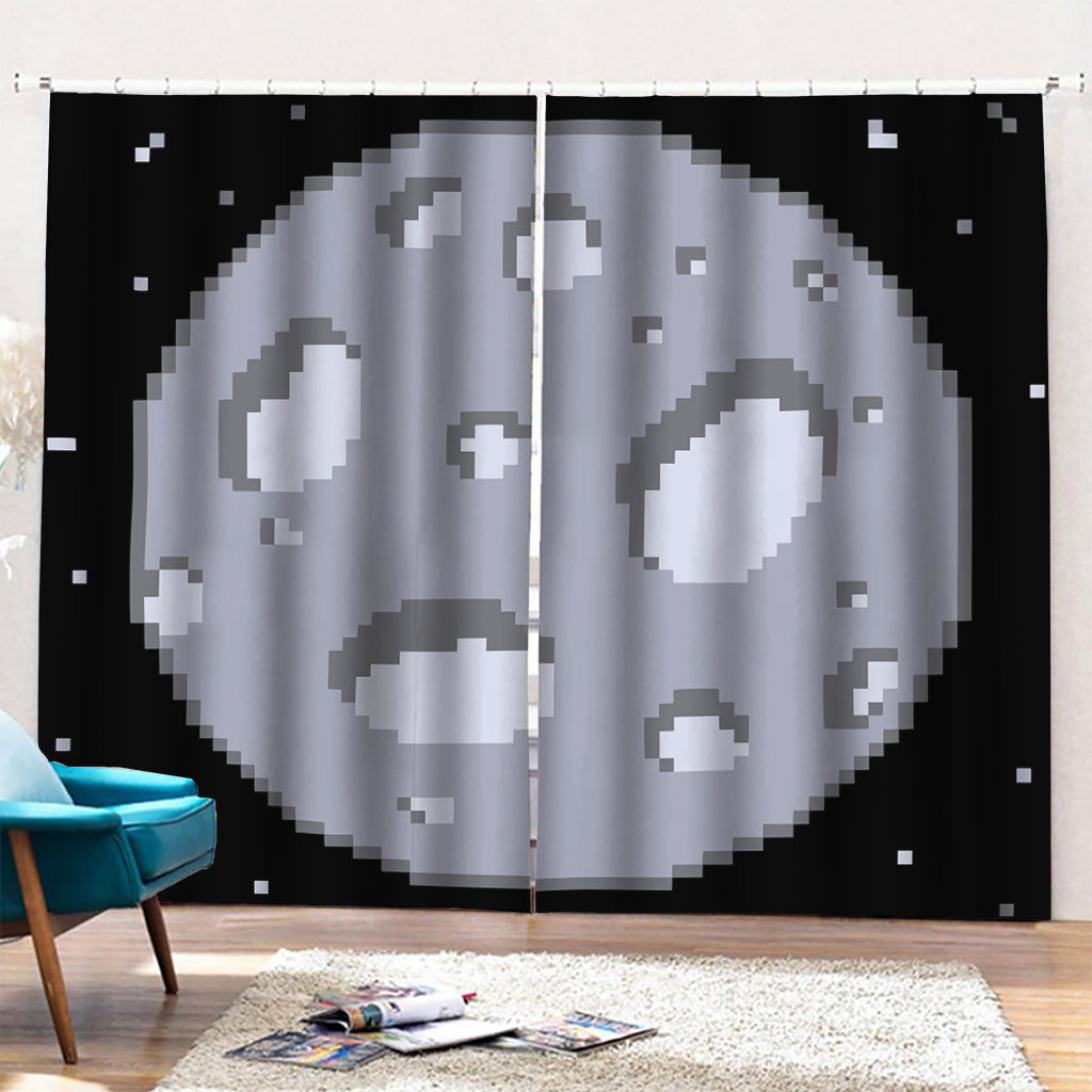 8-Bit Pixel Moon Print Pencil Pleat Curtains