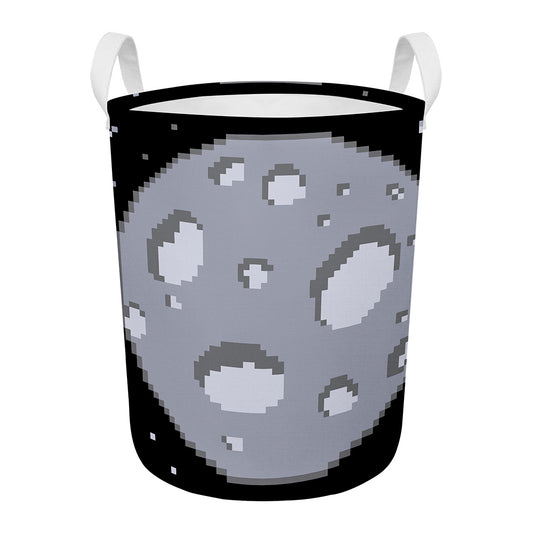 8-Bit Pixel Moon Print Round Laundry Basket