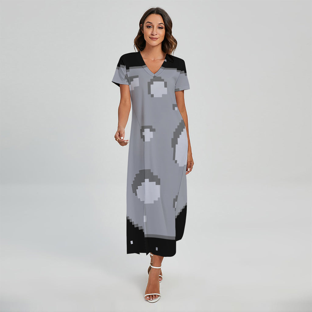 8-Bit Pixel Moon Print Short Sleeve Maxi Dress
