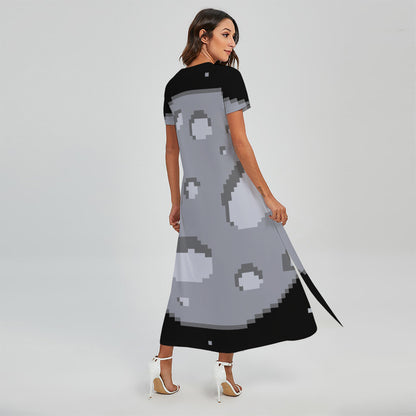 8-Bit Pixel Moon Print Short Sleeve Maxi Dress