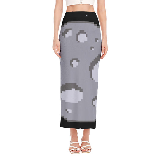 8-Bit Pixel Moon Print Side Slit Maxi Skirt