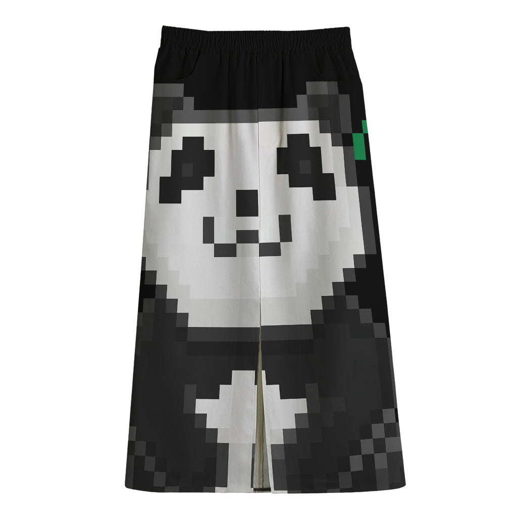 8-Bit Pixel Panda Print Cotton Front Slit Maxi Skirt