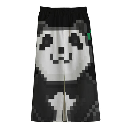 8-Bit Pixel Panda Print Cotton Front Slit Maxi Skirt