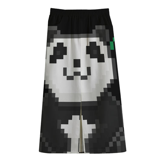 8-Bit Pixel Panda Print Cotton Front Slit Maxi Skirt
