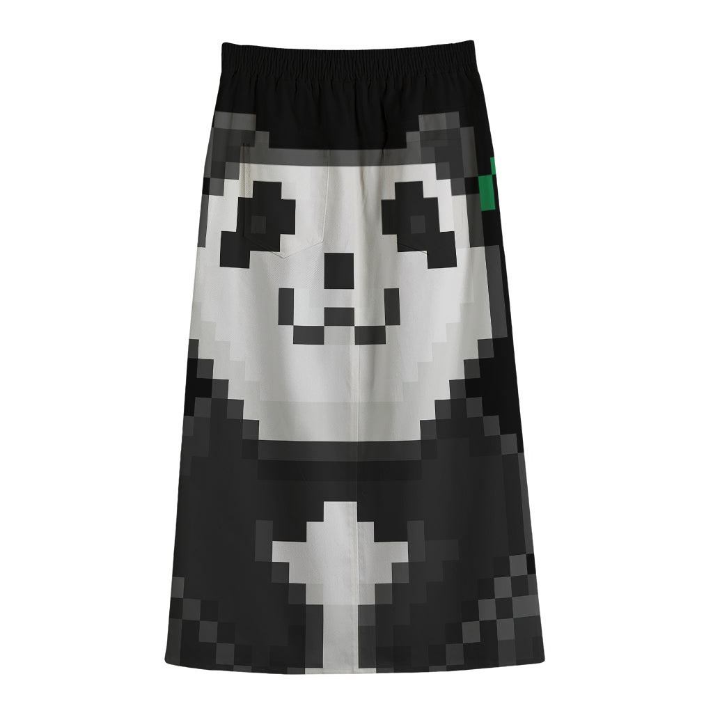 8-Bit Pixel Panda Print Cotton Front Slit Maxi Skirt