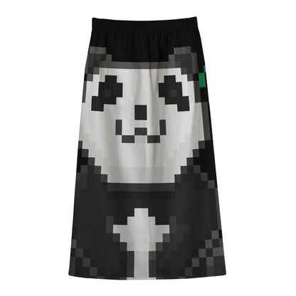 8-Bit Pixel Panda Print Cotton Front Slit Maxi Skirt