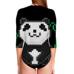 8-Bit Pixel Panda Print Long Sleeve Swimsuit