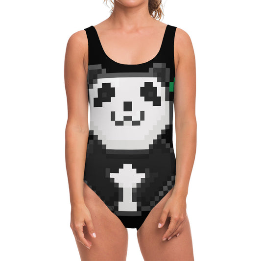 8-Bit Pixel Panda Print One Piece Swimsuit
