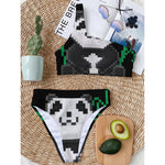 8-Bit Pixel Panda Print One Shoulder Bikini Top