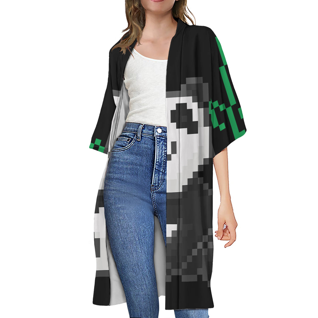 8-Bit Pixel Panda Print Open Front Beach Cover Up