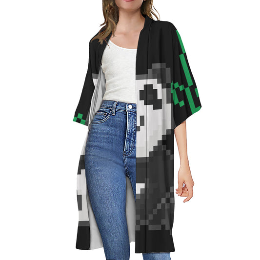8-Bit Pixel Panda Print Open Front Beach Cover Up
