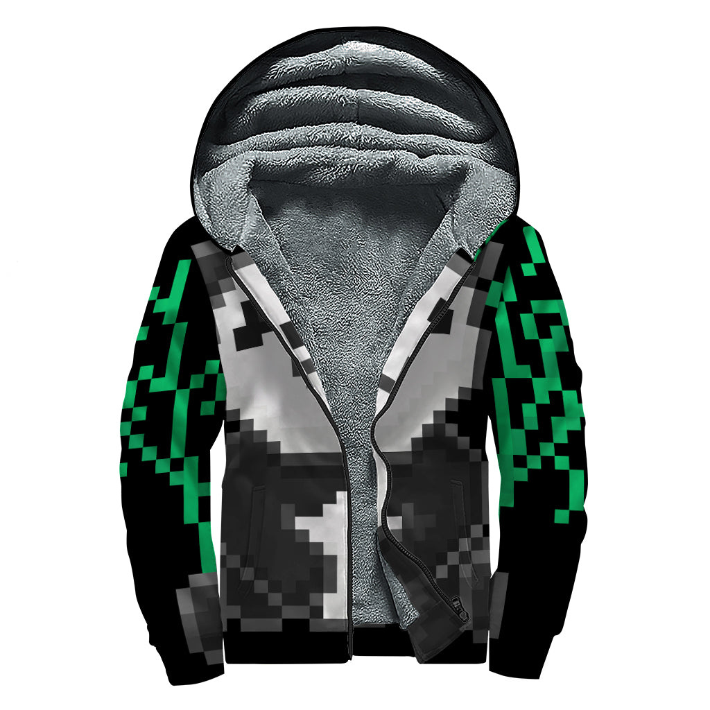 8-Bit Pixel Panda Print Sherpa Lined Zip Up Hoodie