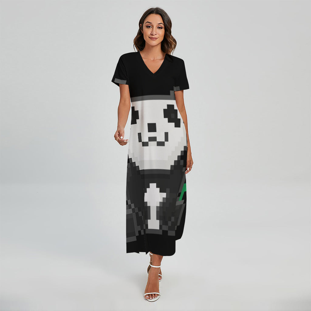 8-Bit Pixel Panda Print Short Sleeve Maxi Dress