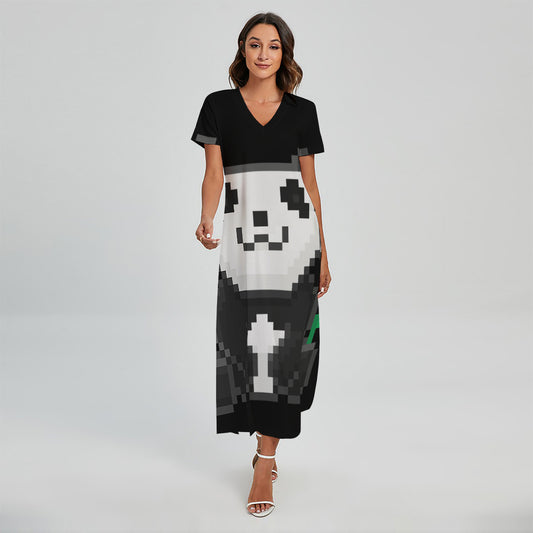 8-Bit Pixel Panda Print Short Sleeve Maxi Dress