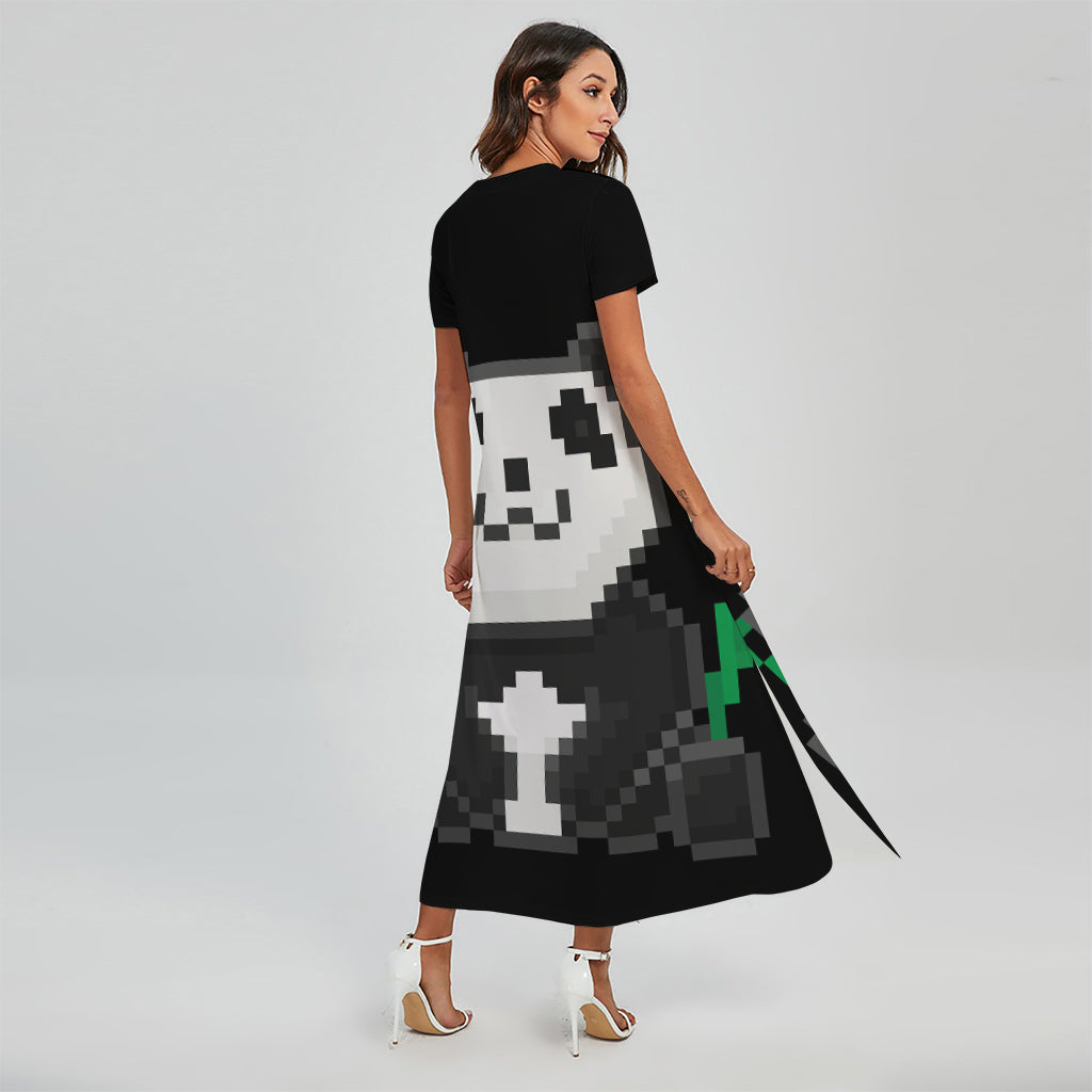 8-Bit Pixel Panda Print Short Sleeve Maxi Dress