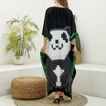 8-Bit Pixel Panda Print Silk V-Neck Kaftan Dress
