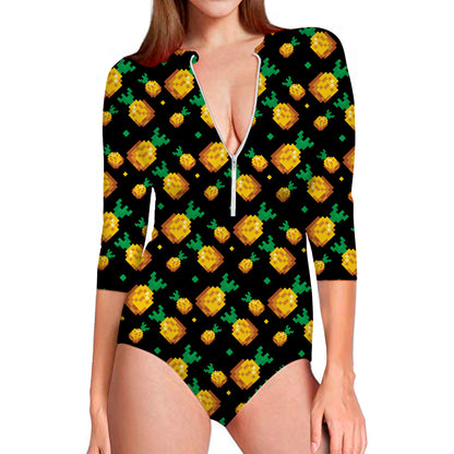8-Bit Pixel Pineapple Print Long Sleeve Swimsuit