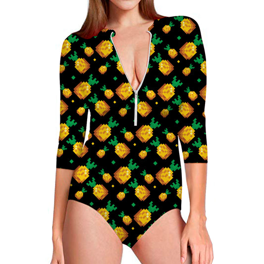 8-Bit Pixel Pineapple Print Long Sleeve Swimsuit