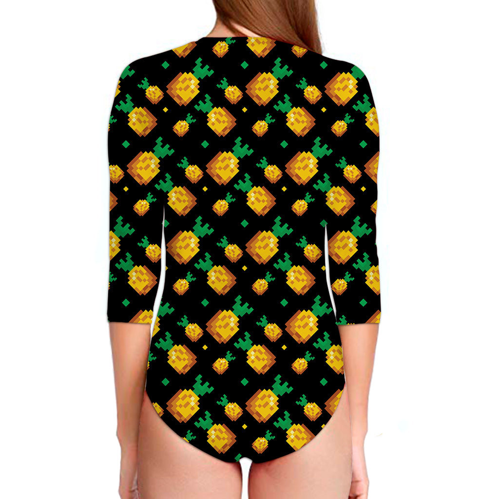 8-Bit Pixel Pineapple Print Long Sleeve Swimsuit