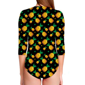 8-Bit Pixel Pineapple Print Long Sleeve Swimsuit