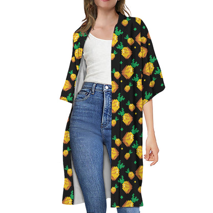 8-Bit Pixel Pineapple Print Open Front Beach Cover Up