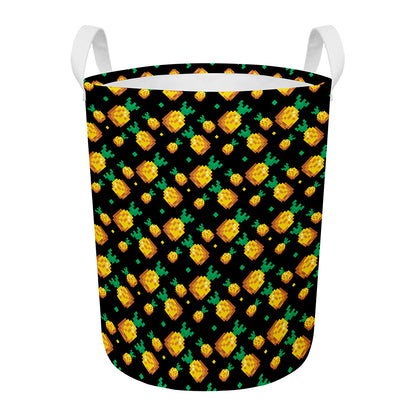 8-Bit Pixel Pineapple Print Round Laundry Basket