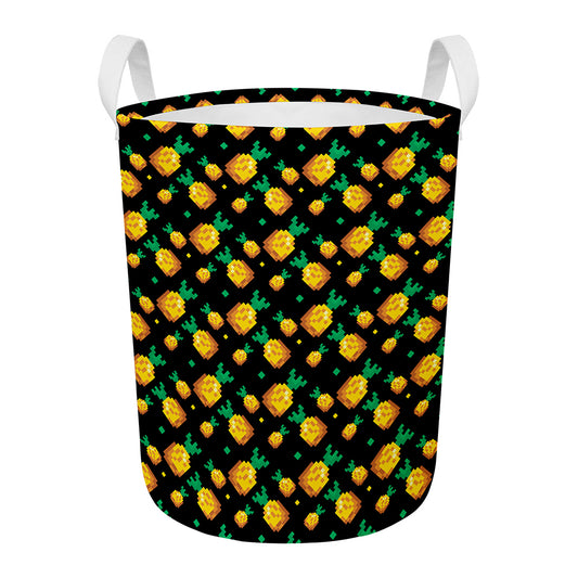 8-Bit Pixel Pineapple Print Round Laundry Basket