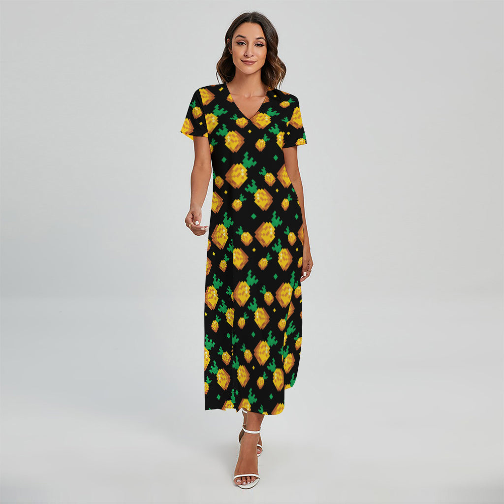 8-Bit Pixel Pineapple Print Short Sleeve Maxi Dress