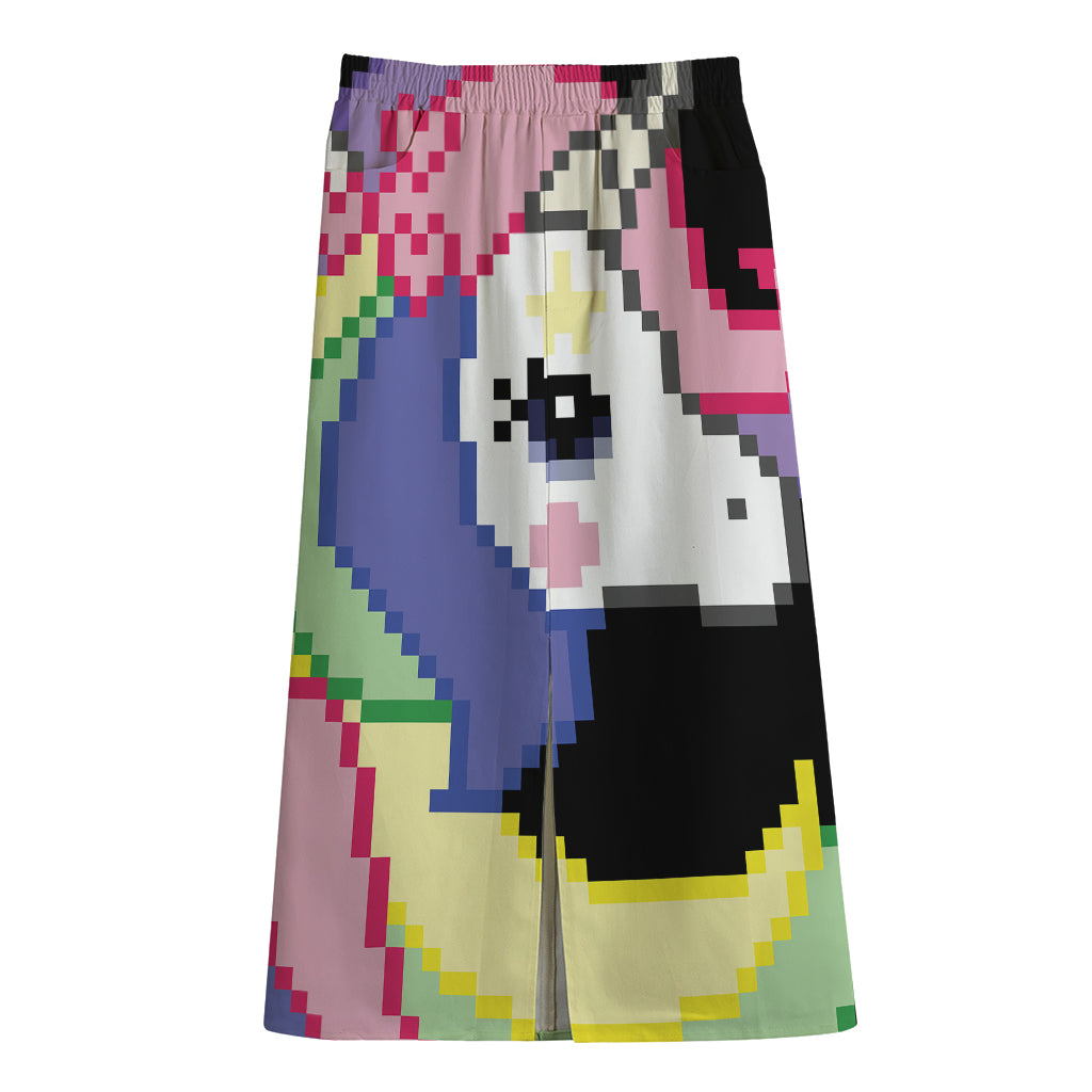 8-Bit Pixel Unicorn Print Cotton Front Slit Maxi Skirt