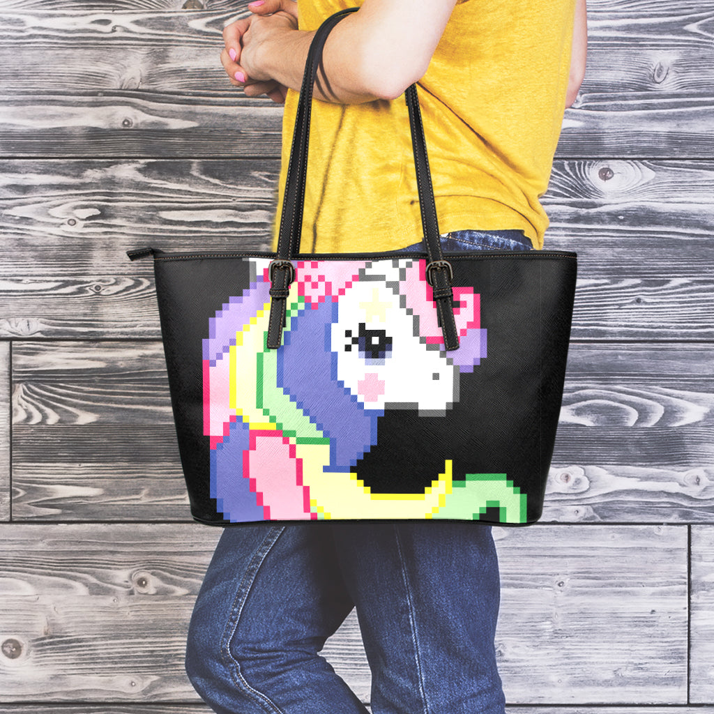 8-Bit Pixel Unicorn Print Leather Tote Bag