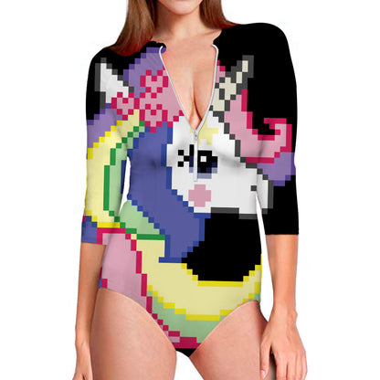 8-Bit Pixel Unicorn Print Long Sleeve Swimsuit