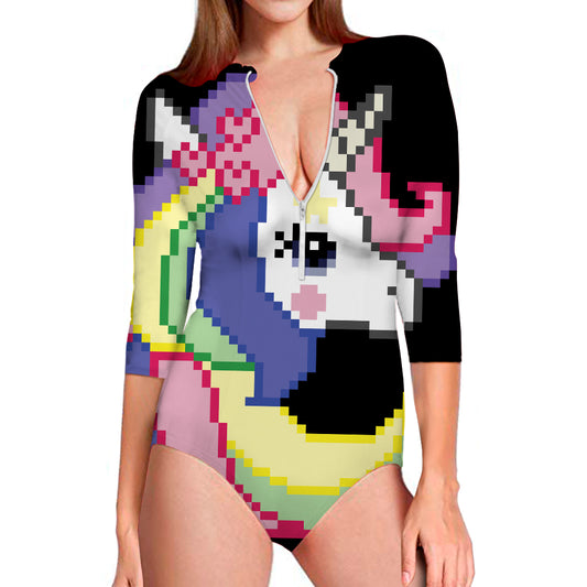 8-Bit Pixel Unicorn Print Long Sleeve Swimsuit