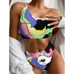 8-Bit Pixel Unicorn Print One Shoulder Bikini Top