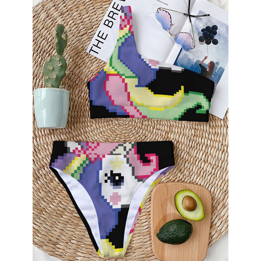 8-Bit Pixel Unicorn Print One Shoulder Bikini Top