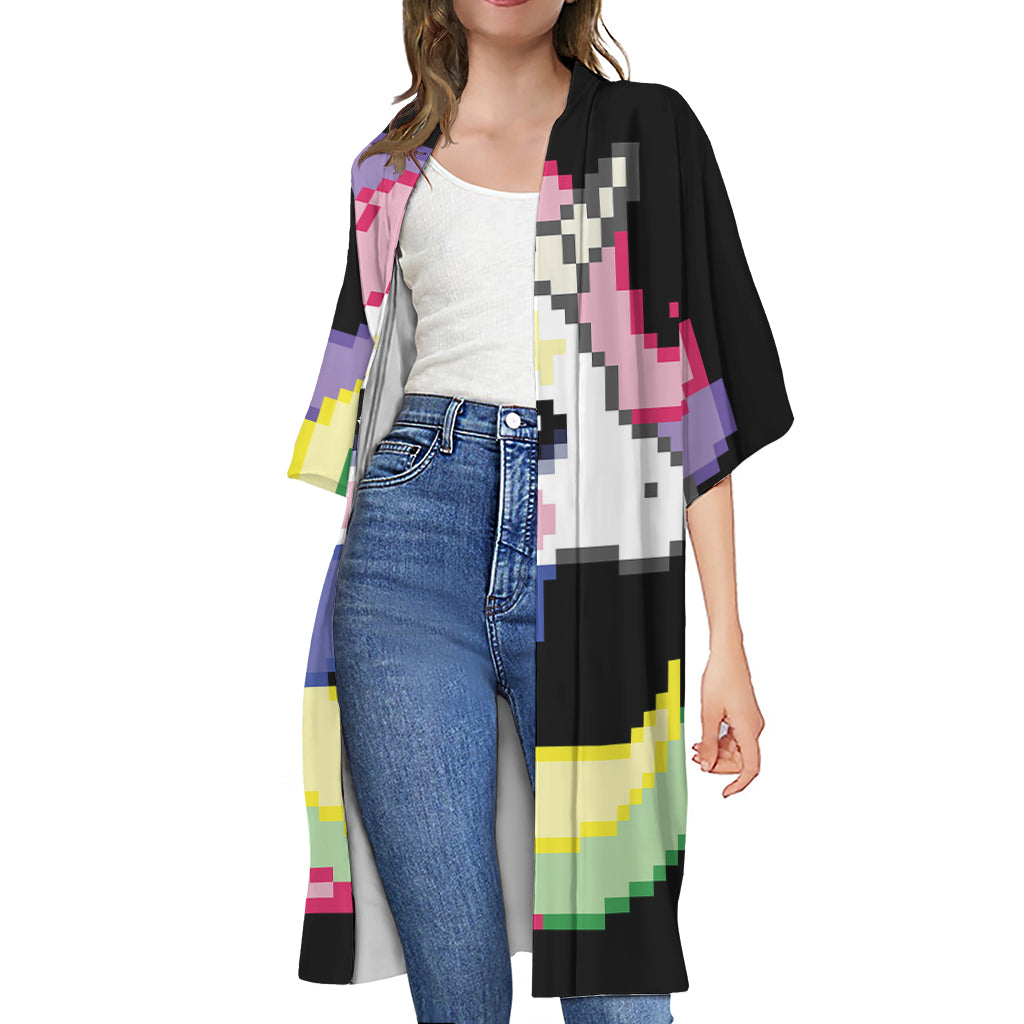 8-Bit Pixel Unicorn Print Open Front Beach Cover Up