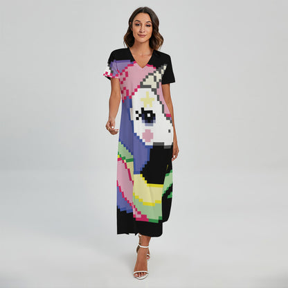 8-Bit Pixel Unicorn Print Short Sleeve Maxi Dress