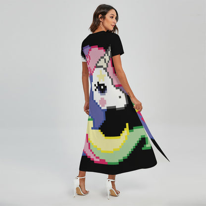 8-Bit Pixel Unicorn Print Short Sleeve Maxi Dress