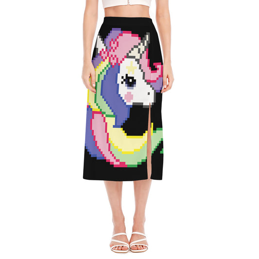 8-Bit Pixel Unicorn Print Side Slit Midi Skirt