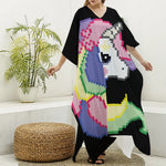 8-Bit Pixel Unicorn Print Silk V-Neck Kaftan Dress
