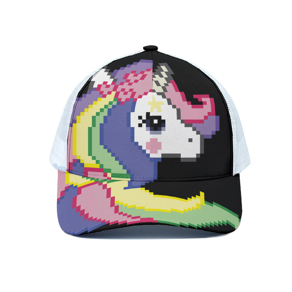 8-Bit Pixel Unicorn Print White Mesh Trucker Cap