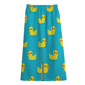 8-Bit Rubber Duck Pattern Print Cotton Front Slit Maxi Skirt