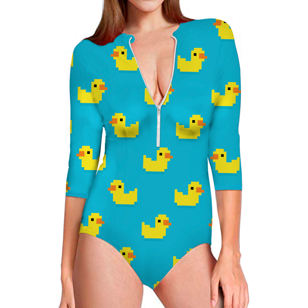 8-Bit Rubber Duck Pattern Print Long Sleeve Swimsuit