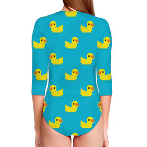 8-Bit Rubber Duck Pattern Print Long Sleeve Swimsuit