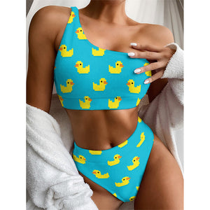 8-Bit Rubber Duck Pattern Print One Shoulder Bikini Top