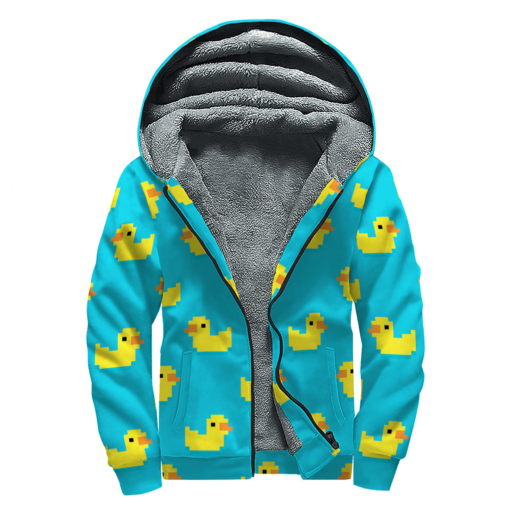 8-Bit Rubber Duck Pattern Print Sherpa Lined Zip Up Hoodie