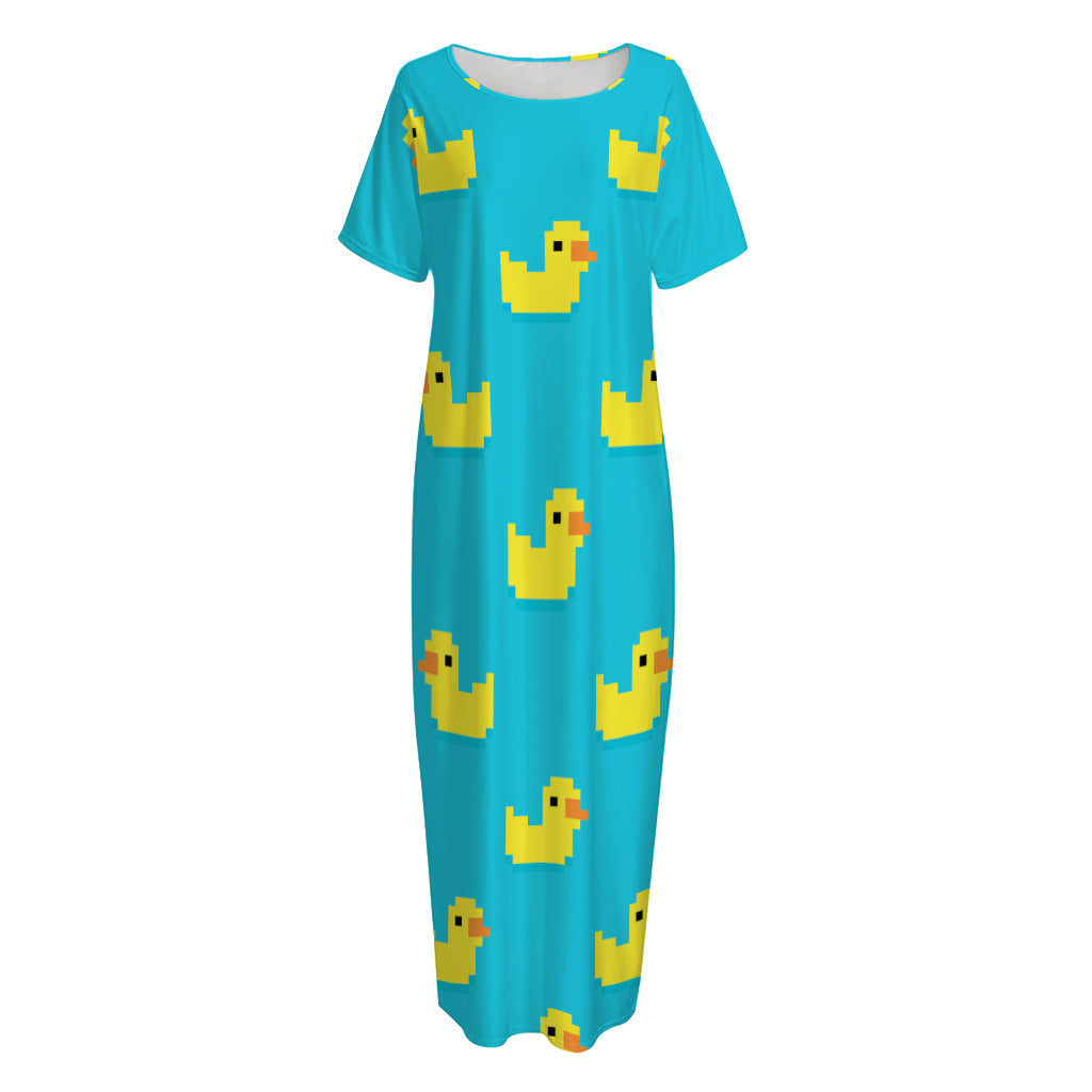 8-Bit Rubber Duck Pattern Print Short Sleeve Long Nightdress